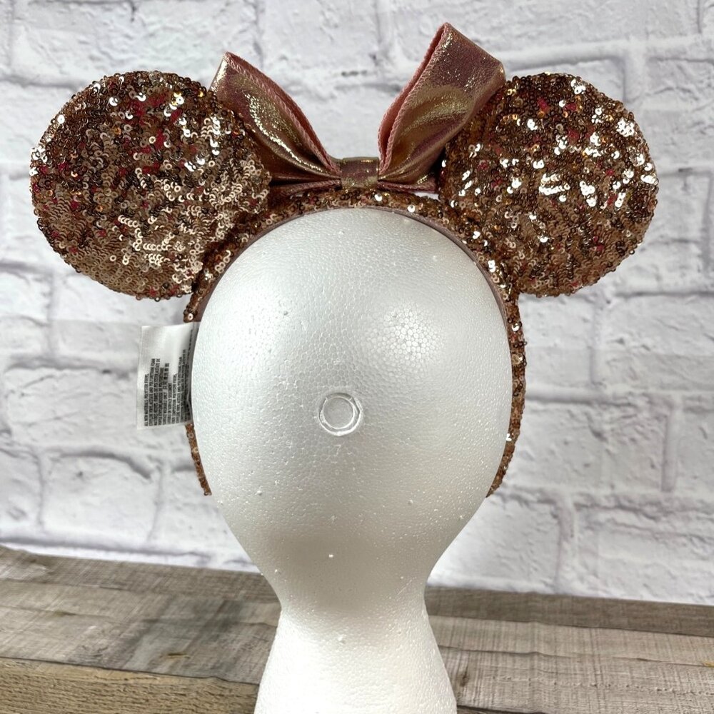 Rose Gold Walt Disney Parks Minnie Mickey Mouse Ears Headband Bow Pink Sequins - Picture 5 of 12